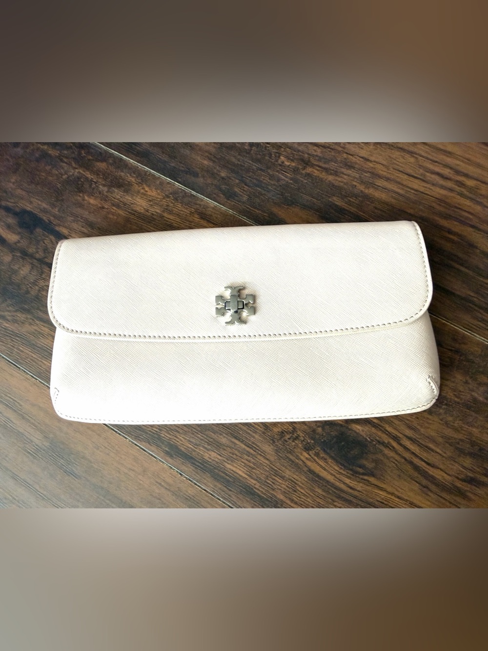 Tory Burch Blush Saffiano Leather Flap Clutch with Logo